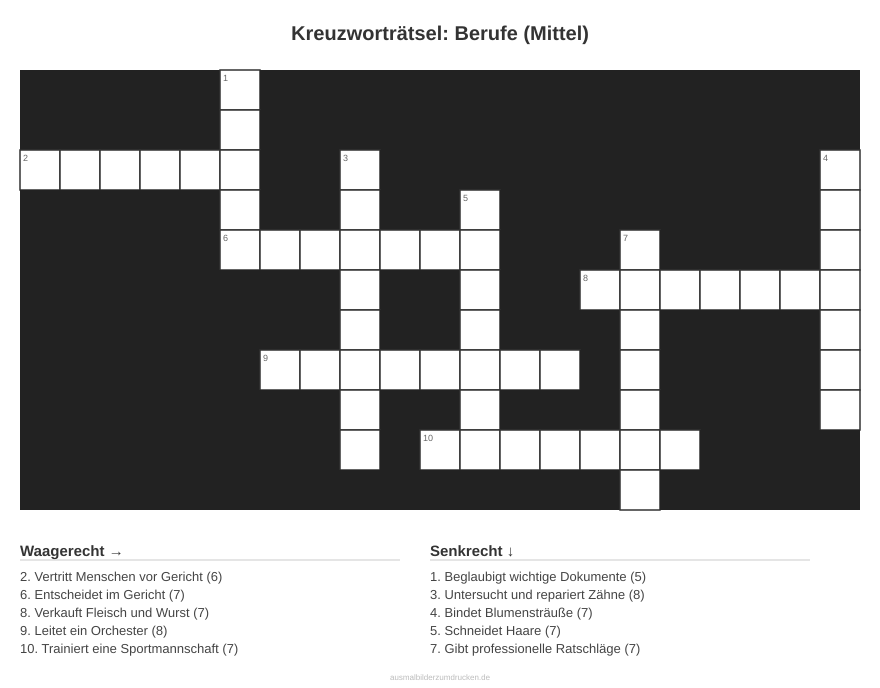 Kreuzworträtsel Kreuzworträtsel: Berufe (Mittel) aus der Kategorie Berufe - kostenlos ausdrucken