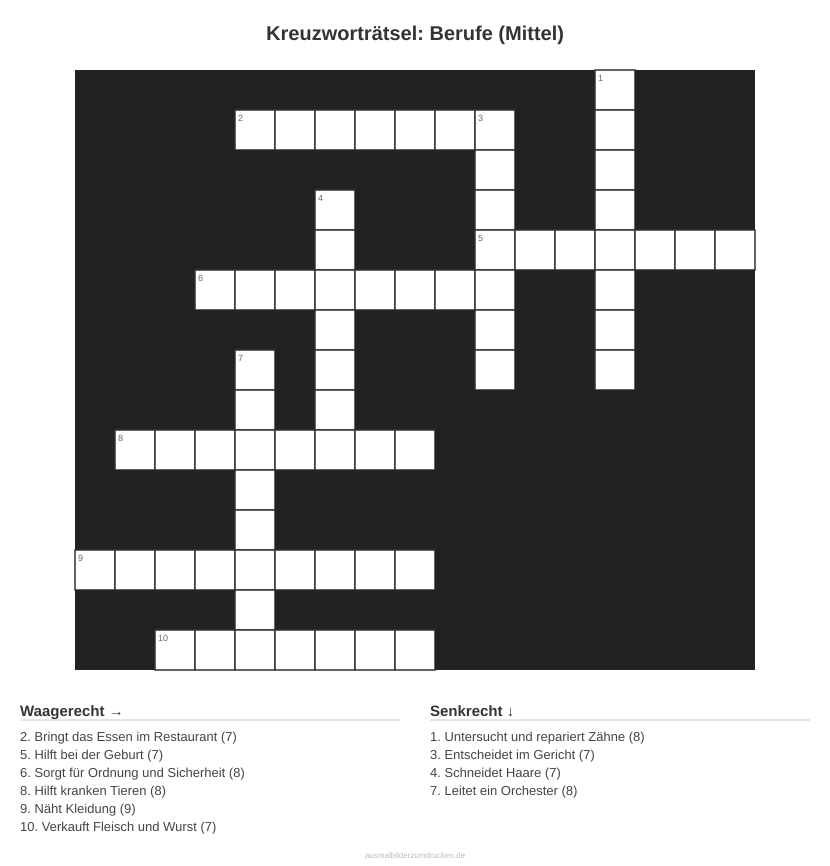 Kreuzworträtsel Kreuzworträtsel: Berufe (Mittel) aus der Kategorie Berufe - kostenlos ausdrucken