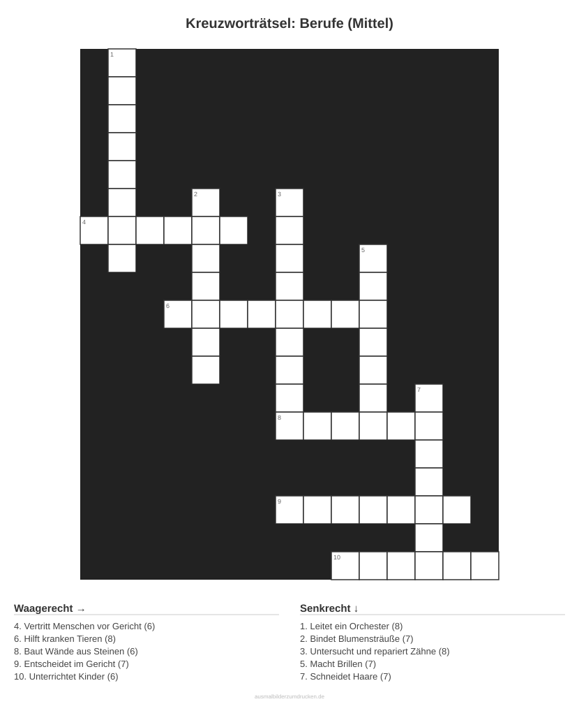 Kreuzworträtsel Kreuzworträtsel: Berufe (Mittel) aus der Kategorie Berufe - kostenlos ausdrucken