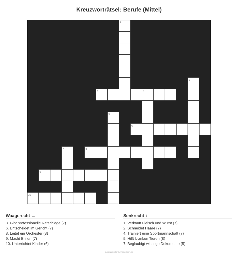 Kreuzworträtsel Kreuzworträtsel: Berufe (Mittel) aus der Kategorie Berufe - kostenlos ausdrucken