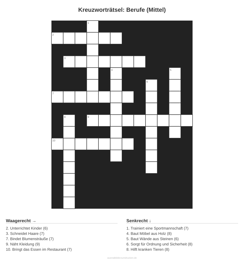 Kreuzworträtsel Kreuzworträtsel: Berufe (Mittel) aus der Kategorie Berufe - kostenlos ausdrucken