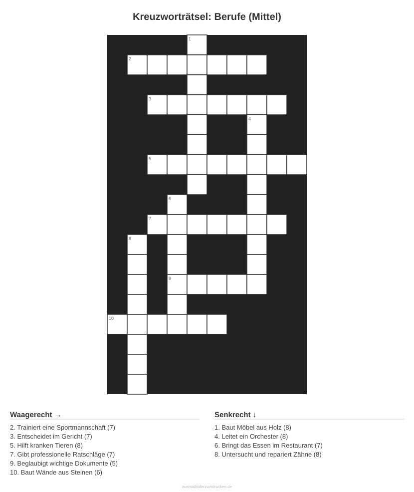 Kreuzworträtsel Kreuzworträtsel: Berufe (Mittel) aus der Kategorie Berufe - kostenlos ausdrucken