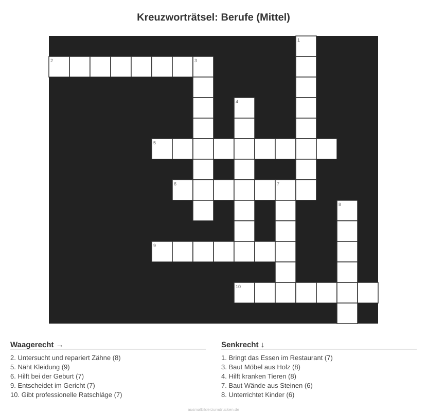 Kreuzworträtsel Kreuzworträtsel: Berufe (Mittel) aus der Kategorie Berufe - kostenlos ausdrucken