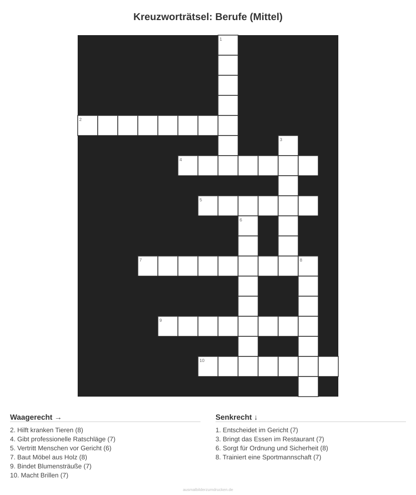 Kreuzworträtsel Kreuzworträtsel: Berufe (Mittel) aus der Kategorie Berufe - kostenlos ausdrucken