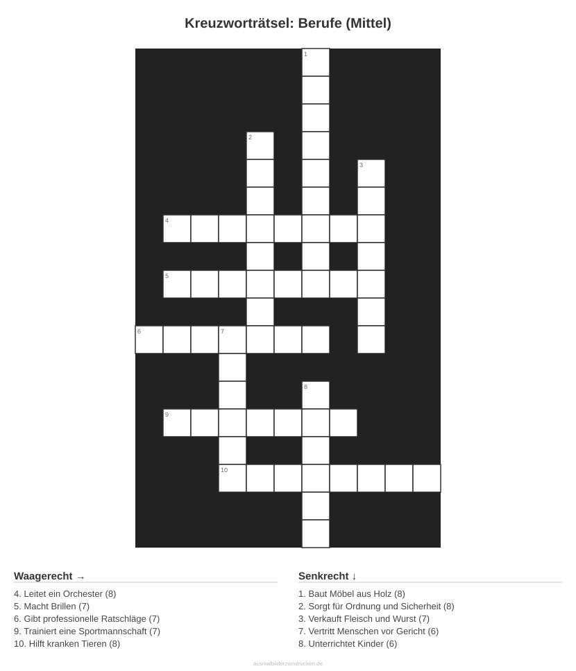 Kreuzworträtsel Kreuzworträtsel: Berufe (Mittel) aus der Kategorie Berufe - kostenlos ausdrucken