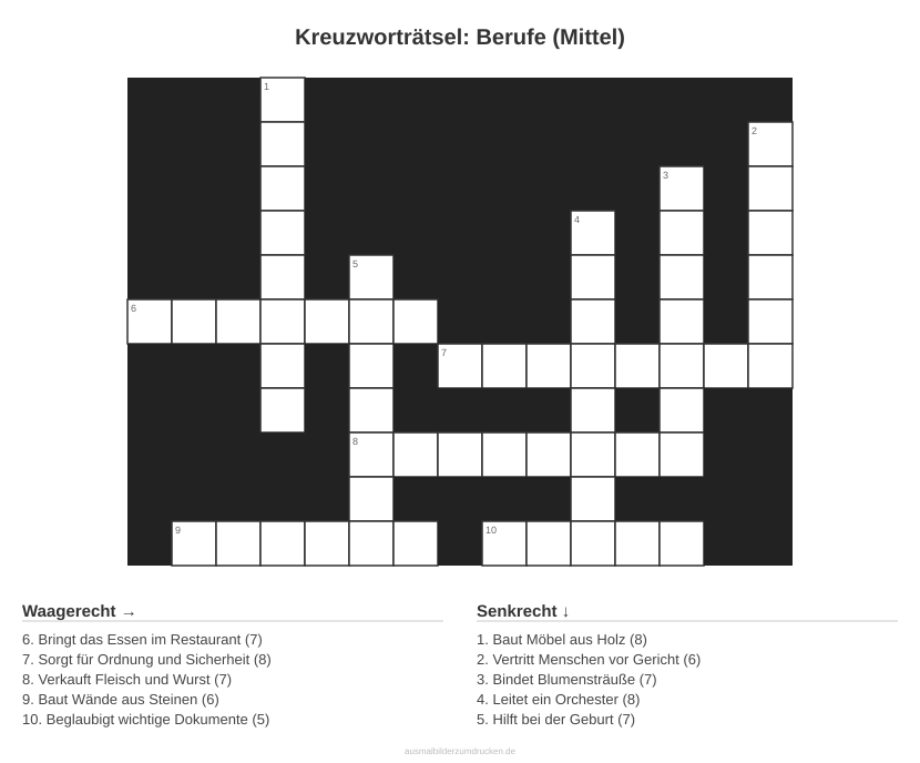 Kreuzworträtsel Kreuzworträtsel: Berufe (Mittel) aus der Kategorie Berufe - kostenlos ausdrucken