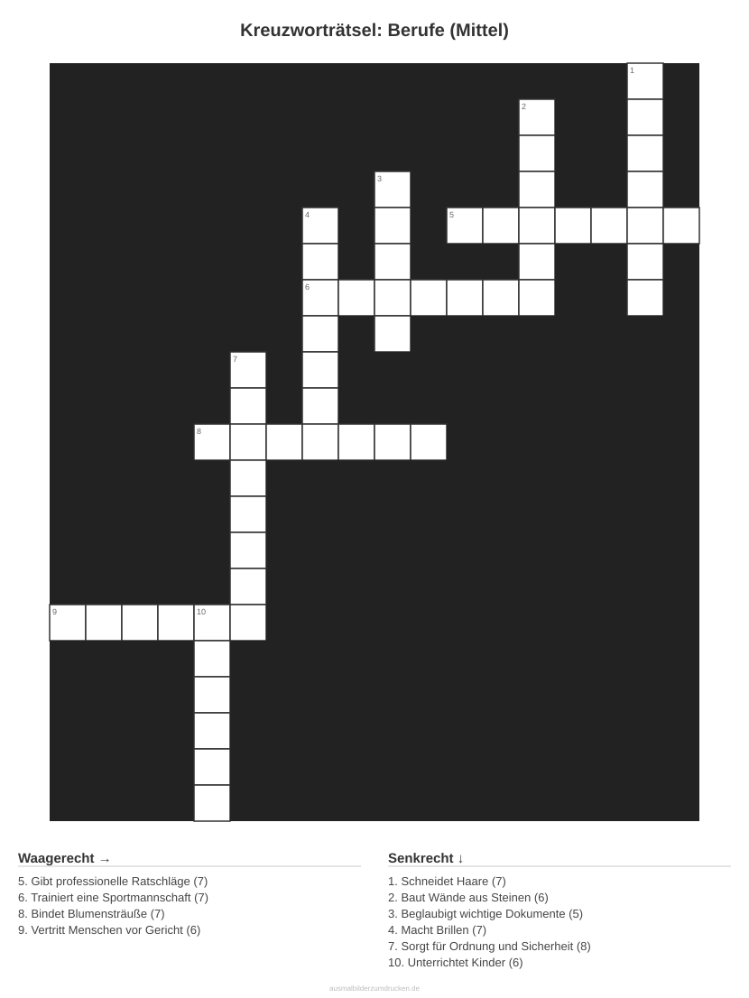 Kreuzworträtsel Kreuzworträtsel: Berufe (Mittel) aus der Kategorie Berufe - kostenlos ausdrucken
