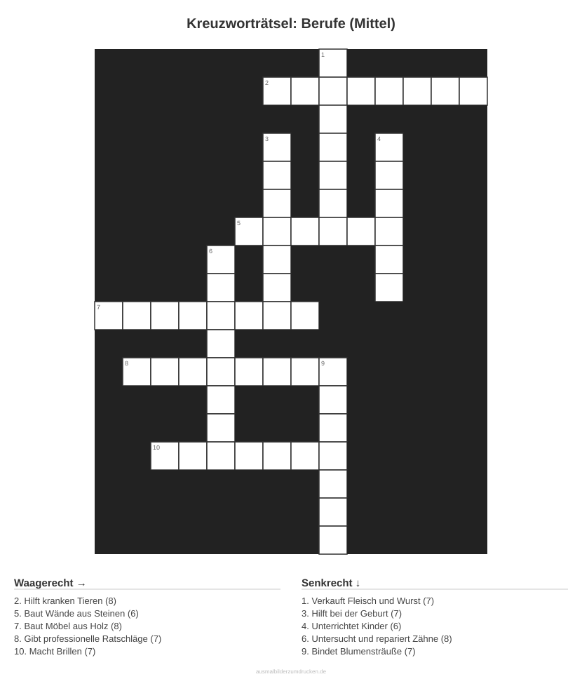 Kreuzworträtsel Kreuzworträtsel: Berufe (Mittel) aus der Kategorie Berufe - kostenlos ausdrucken