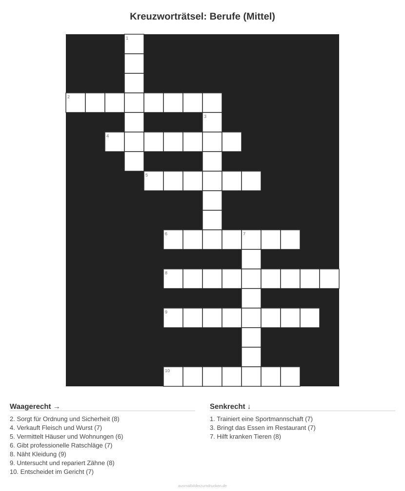 Kreuzworträtsel Kreuzworträtsel: Berufe (Mittel) aus der Kategorie Berufe - kostenlos ausdrucken