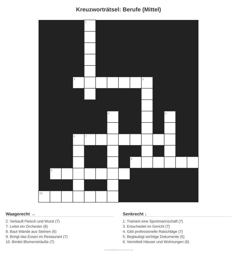 Kreuzworträtsel Kreuzworträtsel: Berufe (Mittel) aus der Kategorie Berufe - kostenlos ausdrucken