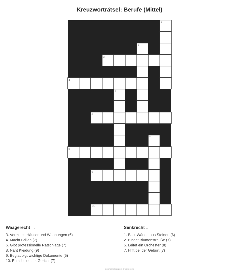 Kreuzworträtsel Kreuzworträtsel: Berufe (Mittel) aus der Kategorie Berufe - kostenlos ausdrucken