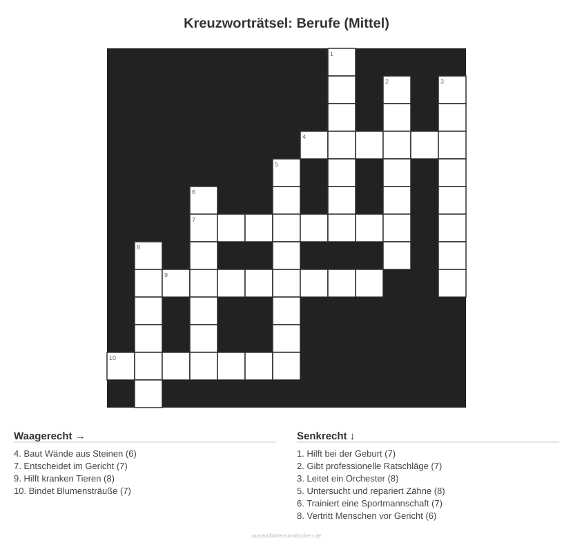 Kreuzworträtsel Kreuzworträtsel: Berufe (Mittel) aus der Kategorie Berufe - kostenlos ausdrucken