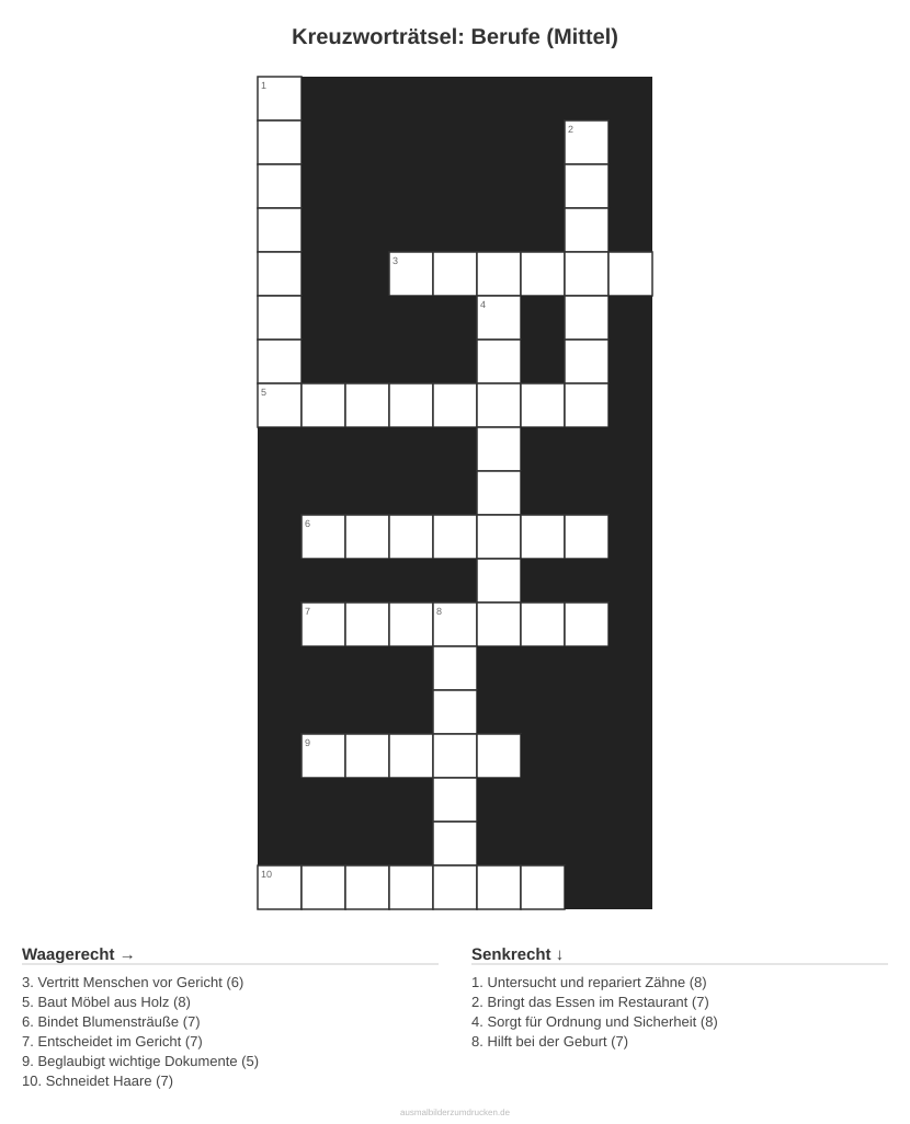 Kreuzworträtsel Kreuzworträtsel: Berufe (Mittel) aus der Kategorie Berufe - kostenlos ausdrucken