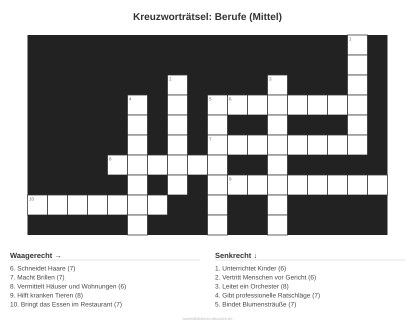 Kreuzworträtsel Kreuzworträtsel: Berufe (Mittel) aus der Kategorie Berufe - kostenlos ausdrucken