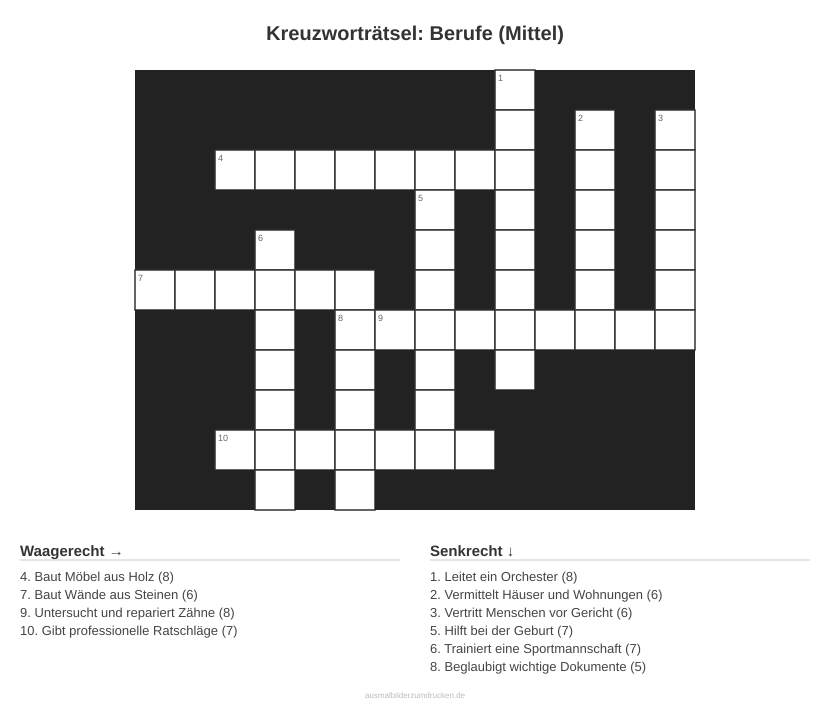 Kreuzworträtsel Kreuzworträtsel: Berufe (Mittel) aus der Kategorie Berufe - kostenlos ausdrucken