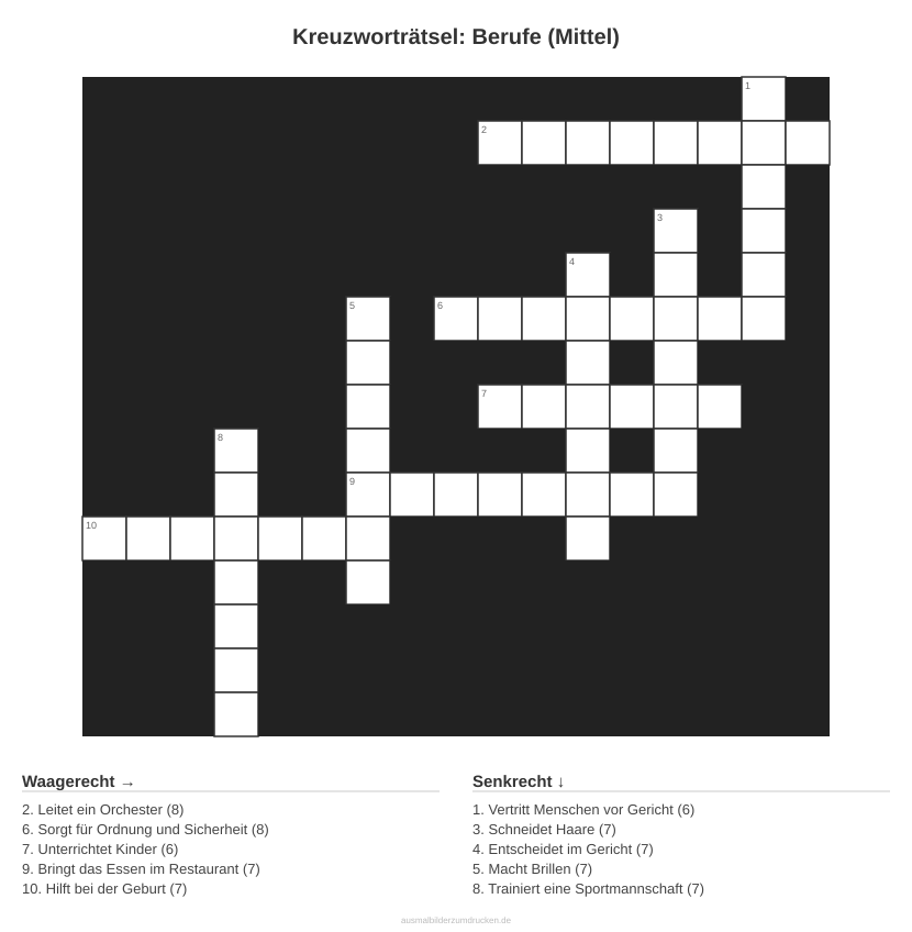 Kreuzworträtsel Kreuzworträtsel: Berufe (Mittel) aus der Kategorie Berufe - kostenlos ausdrucken