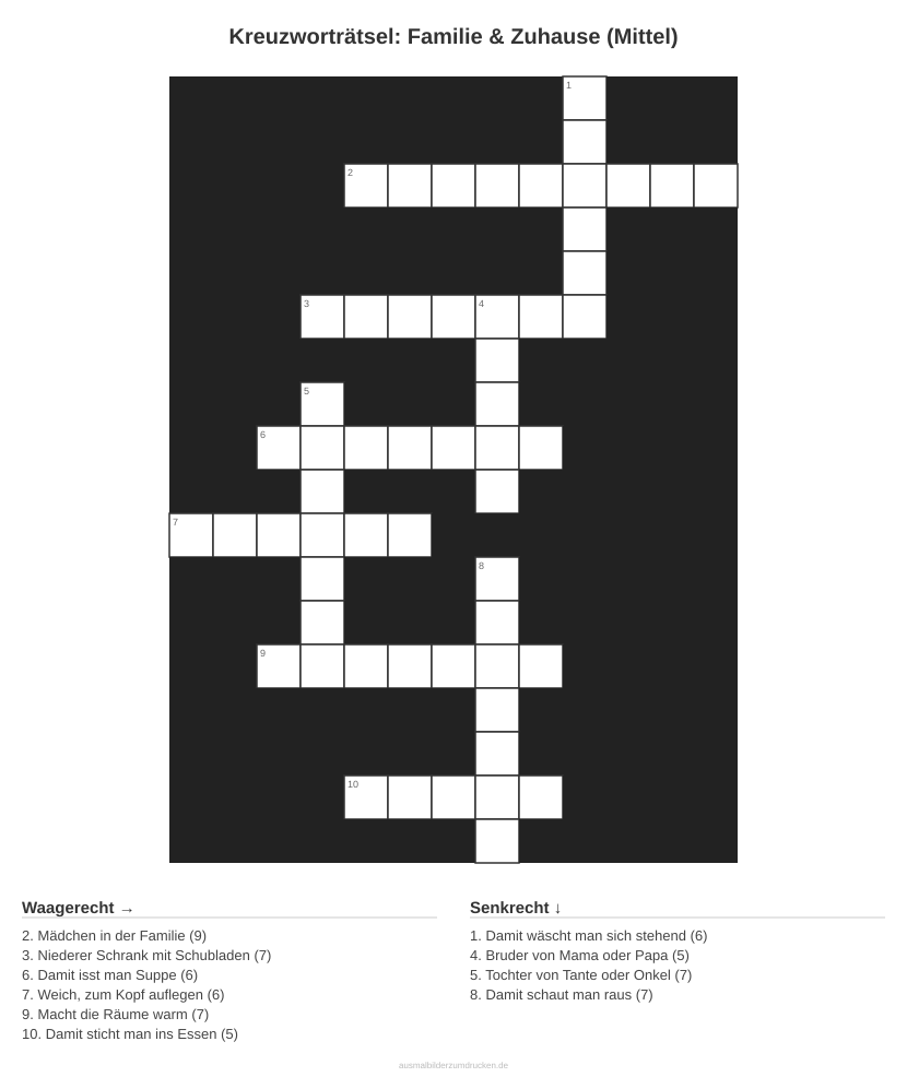 Kreuzworträtsel Kreuzworträtsel: Familie & Zuhause (Mittel) aus der Kategorie Familie - kostenlos ausdrucken