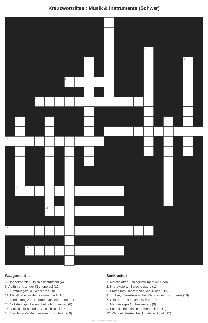 Kreuzworträtsel Kreuzworträtsel: Musik & Instrumente (Schwer) aus der Kategorie Musik - kostenlos ausdrucken
