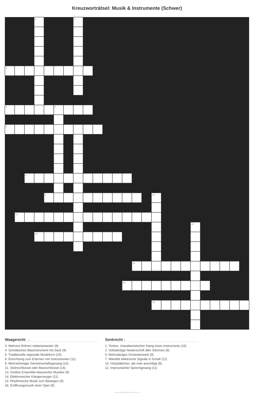 Kreuzworträtsel Kreuzworträtsel: Musik & Instrumente (Schwer) aus der Kategorie Musik - kostenlos ausdrucken