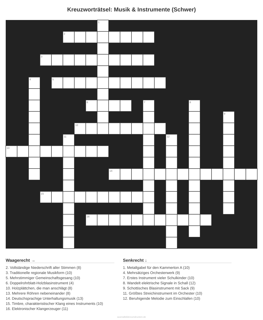 Kreuzworträtsel Kreuzworträtsel: Musik & Instrumente (Schwer) aus der Kategorie Musik - kostenlos ausdrucken