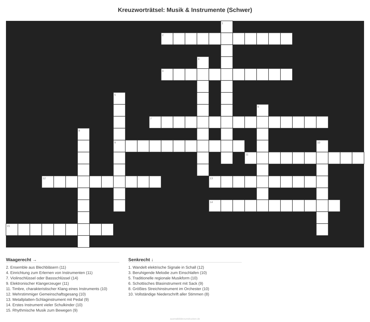 Kreuzworträtsel Kreuzworträtsel: Musik & Instrumente (Schwer) aus der Kategorie Musik - kostenlos ausdrucken