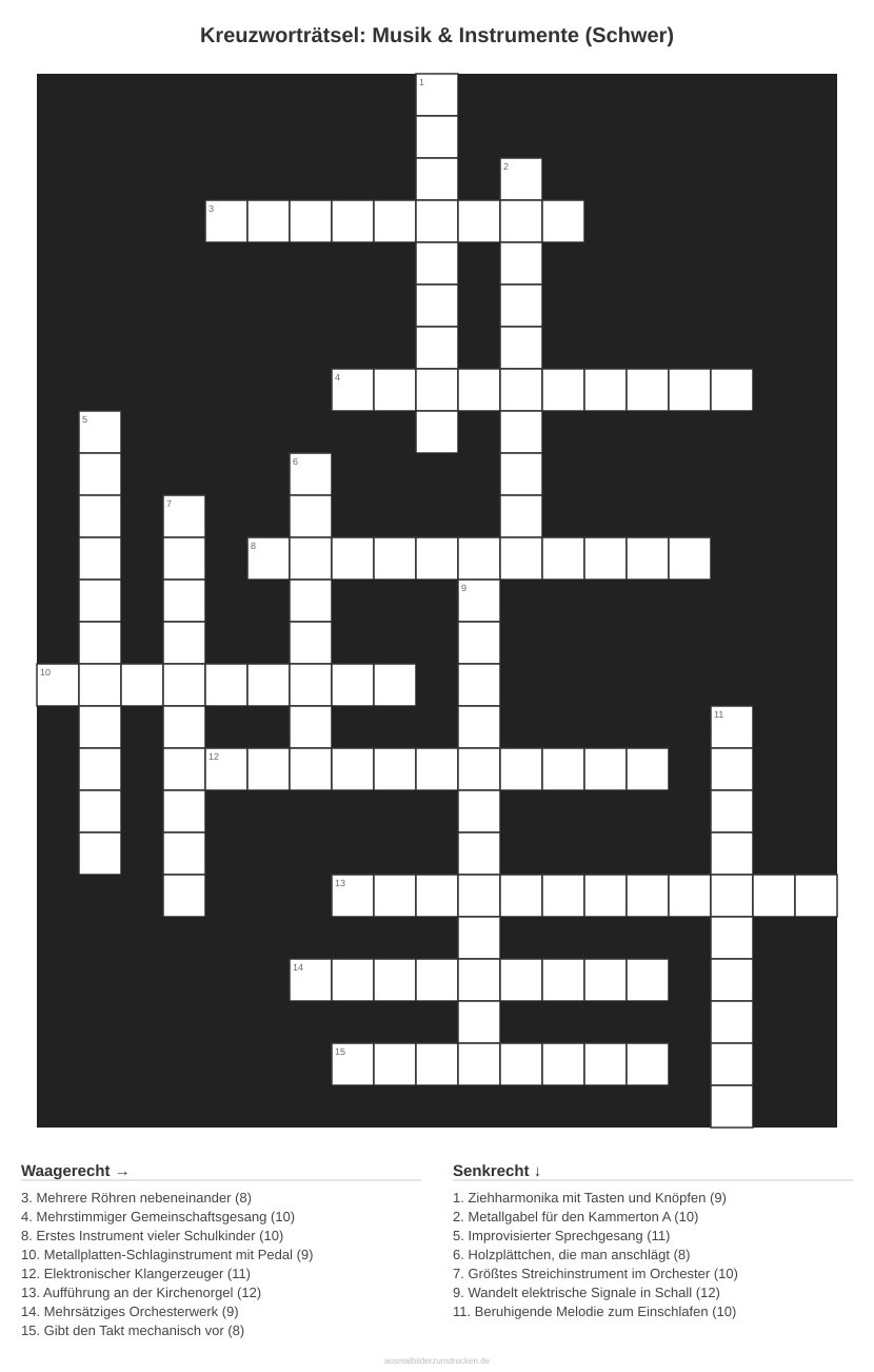 Kreuzworträtsel Kreuzworträtsel: Musik & Instrumente (Schwer) aus der Kategorie Musik - kostenlos ausdrucken