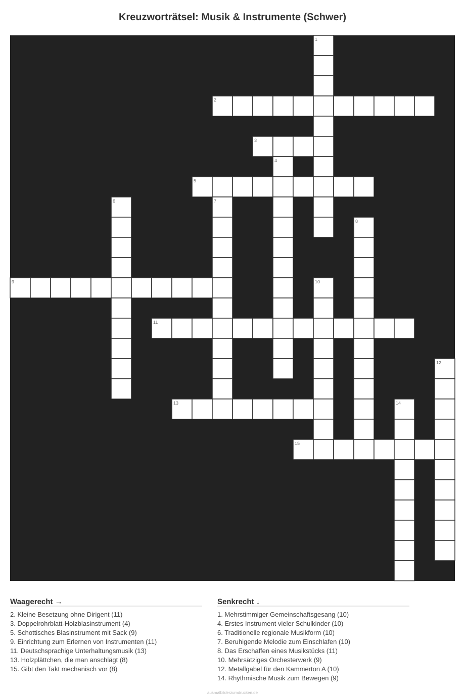 Kreuzworträtsel Kreuzworträtsel: Musik & Instrumente (Schwer) aus der Kategorie Musik - kostenlos ausdrucken