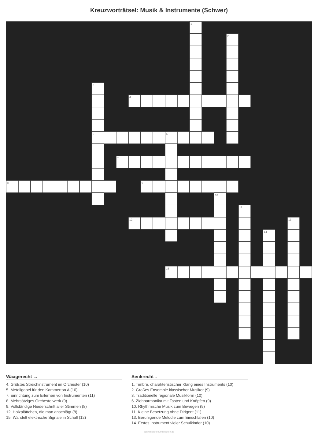 Kreuzworträtsel Kreuzworträtsel: Musik & Instrumente (Schwer) aus der Kategorie Musik - kostenlos ausdrucken
