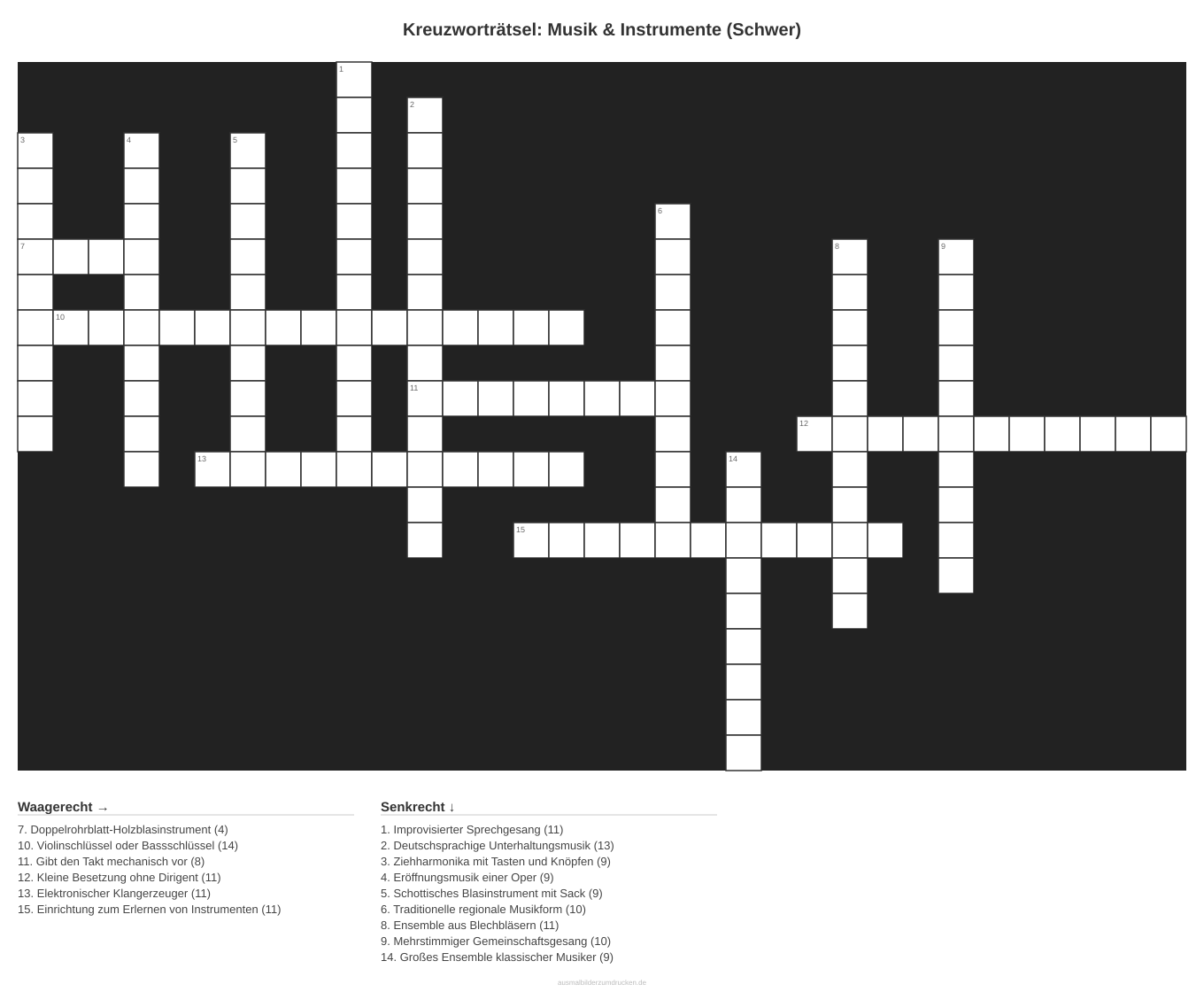 Kreuzworträtsel Kreuzworträtsel: Musik & Instrumente (Schwer) aus der Kategorie Musik - kostenlos ausdrucken