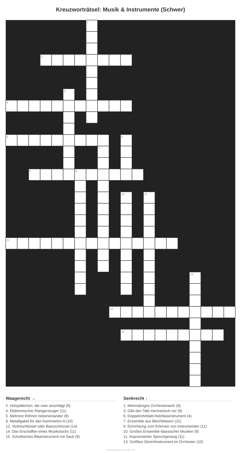 Kreuzworträtsel Kreuzworträtsel: Musik & Instrumente (Schwer) aus der Kategorie Musik - kostenlos ausdrucken