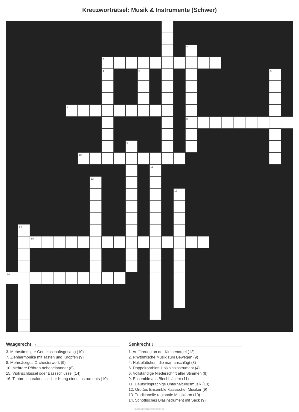 Kreuzworträtsel Kreuzworträtsel: Musik & Instrumente (Schwer) aus der Kategorie Musik - kostenlos ausdrucken