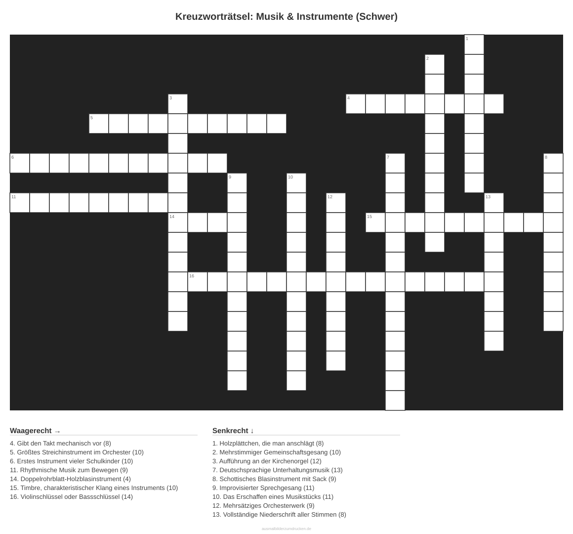 Kreuzworträtsel Kreuzworträtsel: Musik & Instrumente (Schwer) aus der Kategorie Musik - kostenlos ausdrucken