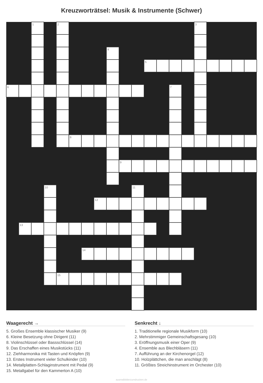 Kreuzworträtsel Kreuzworträtsel: Musik & Instrumente (Schwer) aus der Kategorie Musik - kostenlos ausdrucken