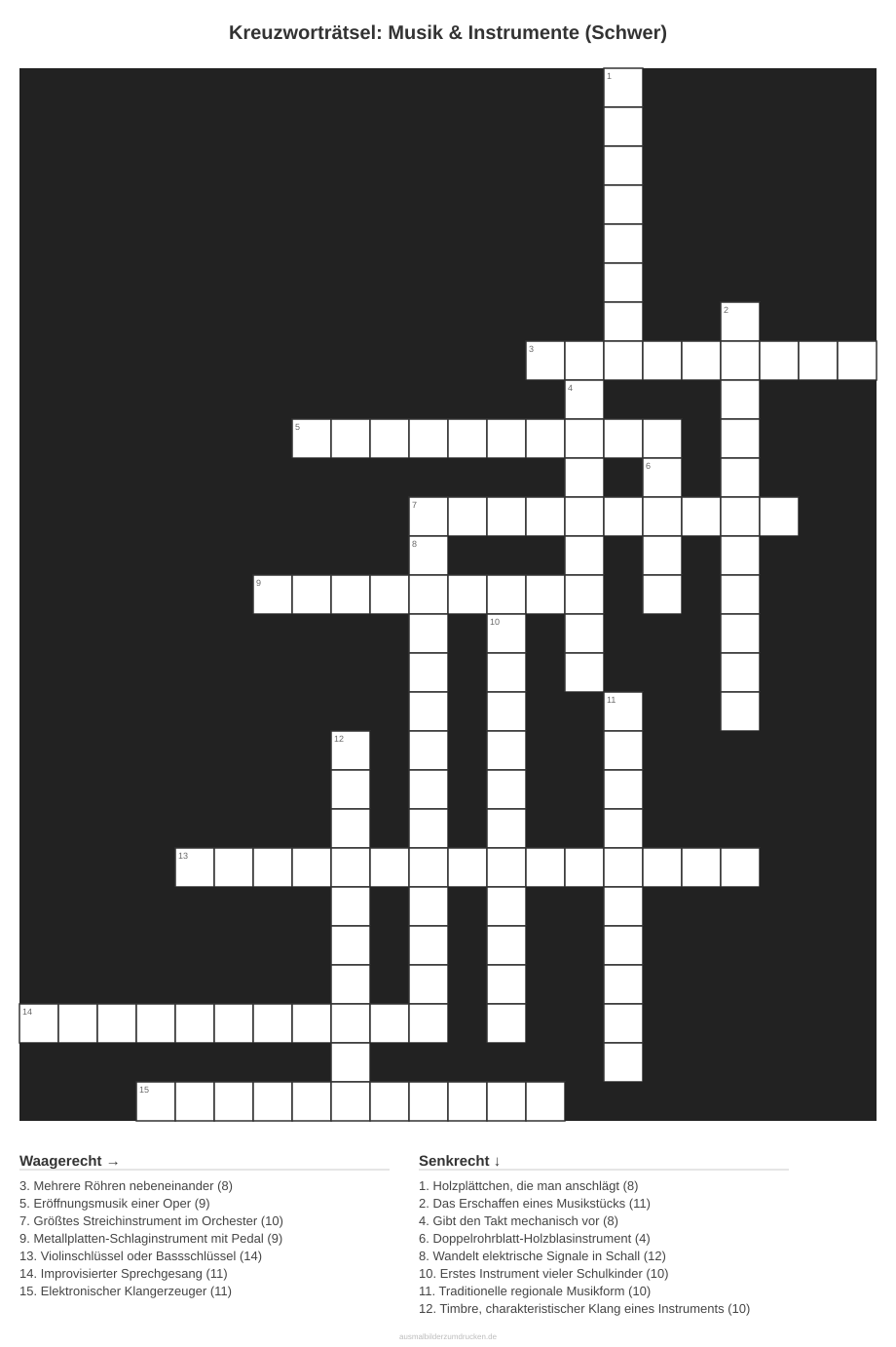 Kreuzworträtsel Kreuzworträtsel: Musik & Instrumente (Schwer) aus der Kategorie Musik - kostenlos ausdrucken