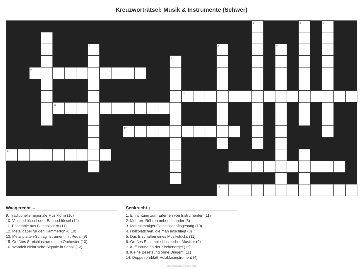Kreuzworträtsel Kreuzworträtsel: Musik & Instrumente (Schwer) aus der Kategorie Musik - kostenlos ausdrucken
