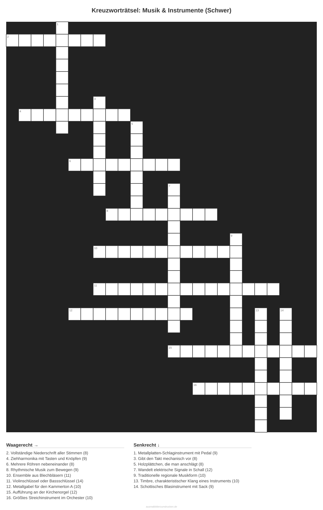 Kreuzworträtsel Kreuzworträtsel: Musik & Instrumente (Schwer) aus der Kategorie Musik - kostenlos ausdrucken
