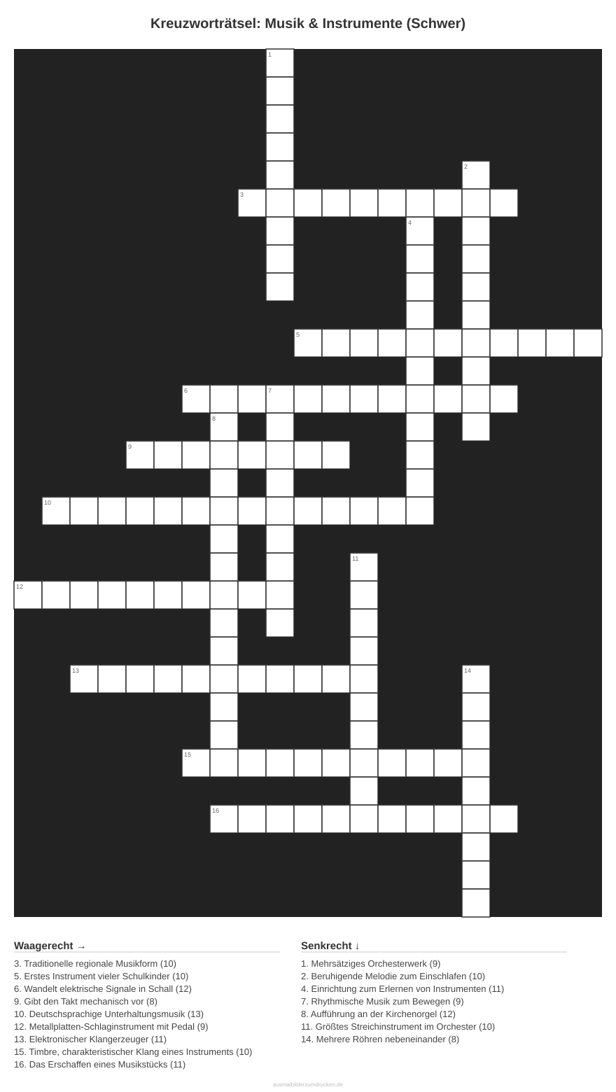 Kreuzworträtsel Kreuzworträtsel: Musik & Instrumente (Schwer) aus der Kategorie Musik - kostenlos ausdrucken