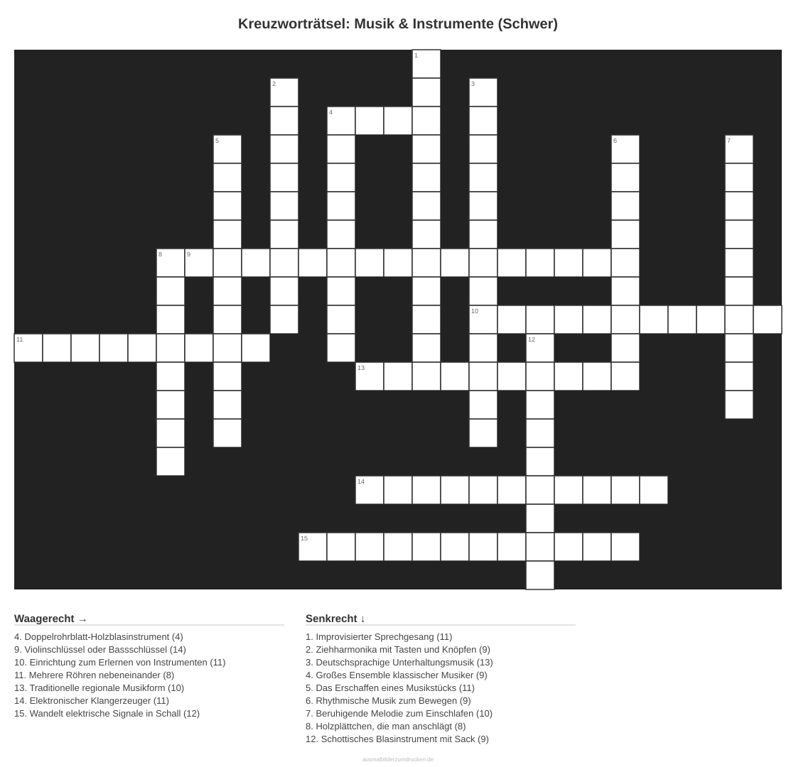 Kreuzworträtsel Kreuzworträtsel: Musik & Instrumente (Schwer) aus der Kategorie Musik - kostenlos ausdrucken