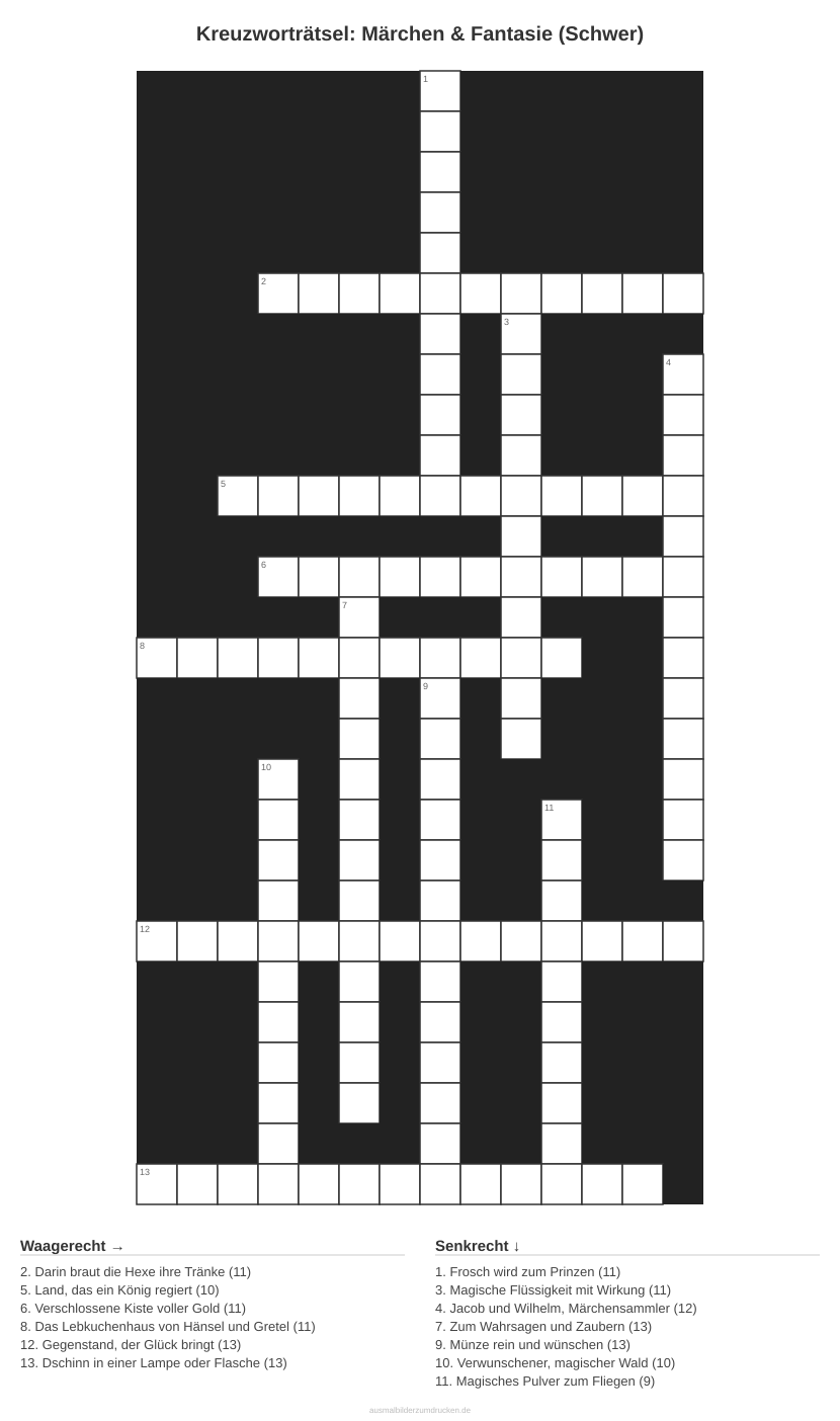 Kreuzworträtsel Kreuzworträtsel: Märchen & Fantasie (Schwer) aus der Kategorie Märchen - kostenlos ausdrucken