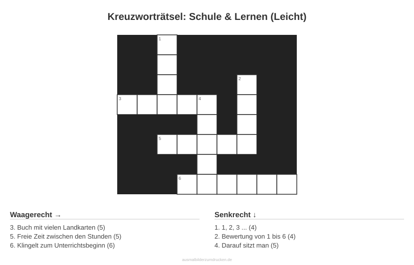 Kreuzworträtsel Kreuzworträtsel: Schule & Lernen (Leicht) aus der Kategorie Schule - kostenlos ausdrucken