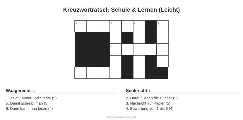 Kreuzworträtsel Kreuzworträtsel: Schule & Lernen (Leicht) aus der Kategorie Schule - kostenlos ausdrucken