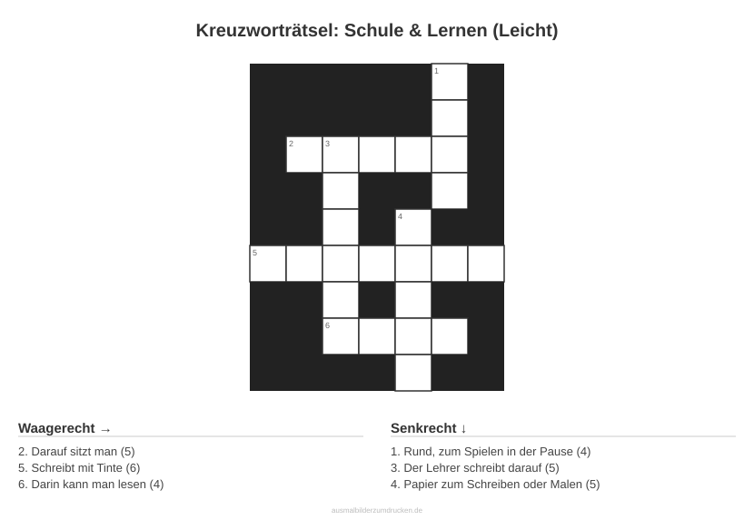 Kreuzworträtsel Kreuzworträtsel: Schule & Lernen (Leicht) aus der Kategorie Schule - kostenlos ausdrucken