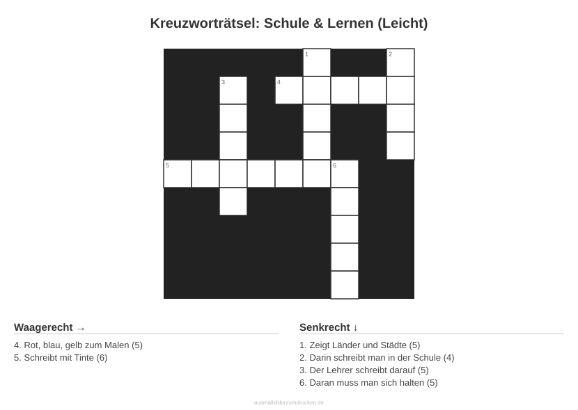 Kreuzworträtsel Kreuzworträtsel: Schule & Lernen (Leicht) aus der Kategorie Schule - kostenlos ausdrucken