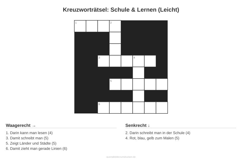 Kreuzworträtsel Kreuzworträtsel: Schule & Lernen (Leicht) aus der Kategorie Schule - kostenlos ausdrucken
