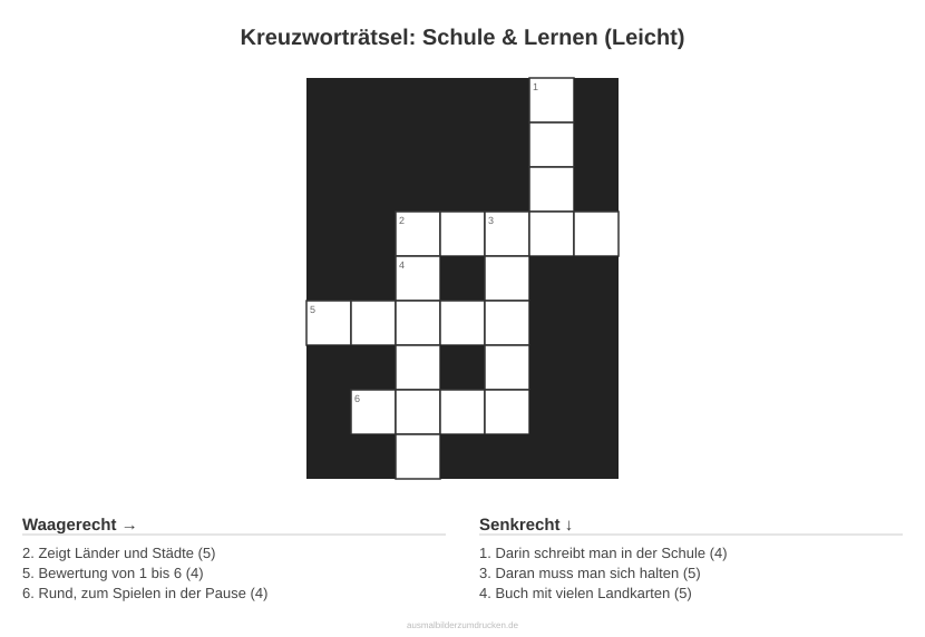 Kreuzworträtsel Kreuzworträtsel: Schule & Lernen (Leicht) aus der Kategorie Schule - kostenlos ausdrucken