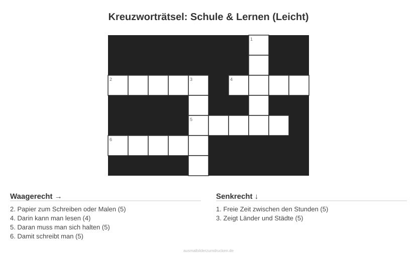 Kreuzworträtsel Kreuzworträtsel: Schule & Lernen (Leicht) aus der Kategorie Schule - kostenlos ausdrucken