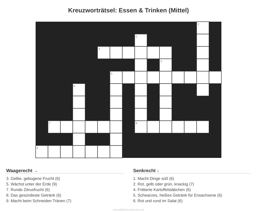 Kreuzworträtsel Kreuzworträtsel: Essen & Trinken (Mittel) aus der Kategorie Essen - kostenlos ausdrucken