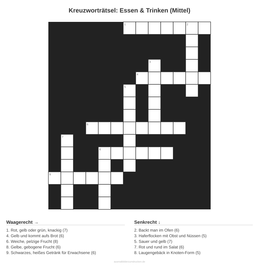 Kreuzworträtsel Kreuzworträtsel: Essen & Trinken (Mittel) aus der Kategorie Essen - kostenlos ausdrucken