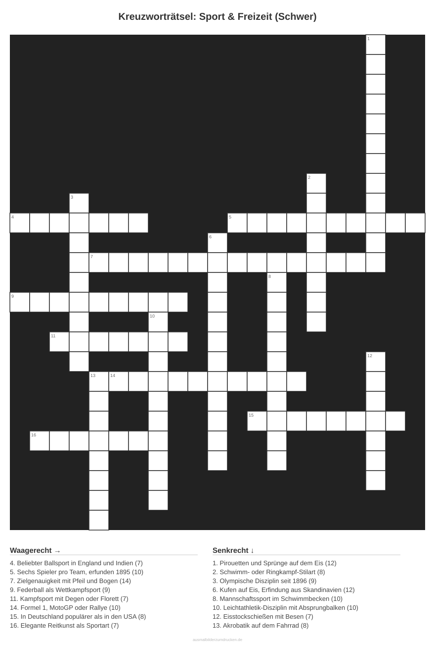 Kreuzworträtsel Kreuzworträtsel: Sport & Freizeit (Schwer) aus der Kategorie Sport - kostenlos ausdrucken