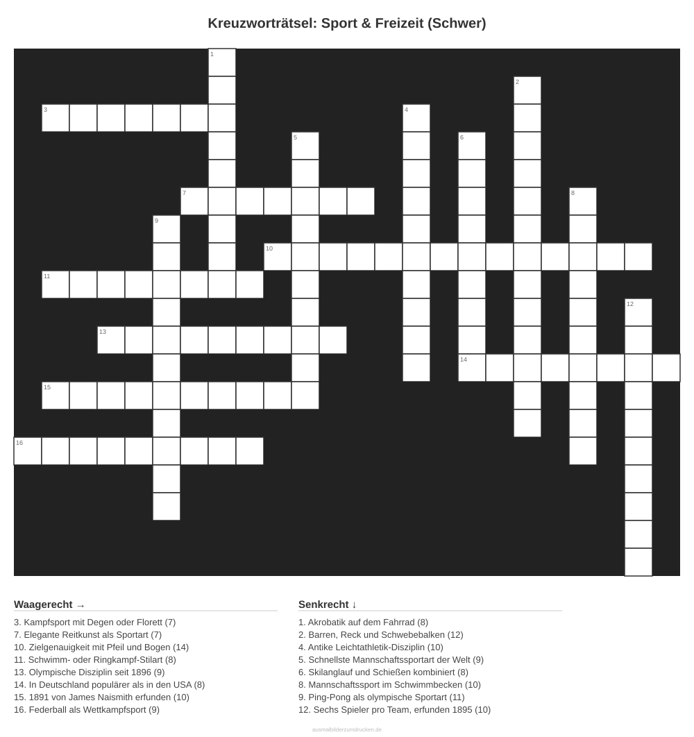 Kreuzworträtsel Kreuzworträtsel: Sport & Freizeit (Schwer) aus der Kategorie Sport - kostenlos ausdrucken